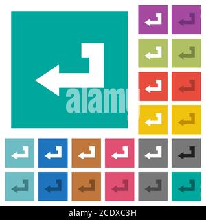 Return key multi colored flat icons on plain square backgrounds. Included white and darker icon variations for hover or active effects. Stock Vector
