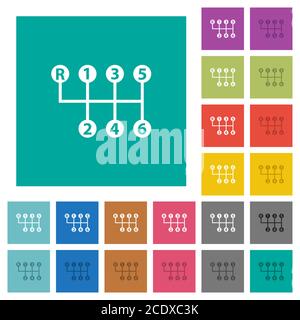 Six speed manual gear shift multi colored flat icons on plain square backgrounds. Included white and darker icon variations for hover or active effect Stock Vector