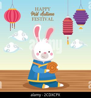 rabbit cartoon in traditional cloth with mooncake and lanterns design, Happy mid autumn harvest festival oriental chinese and celebration theme Vector illustration Stock Vector