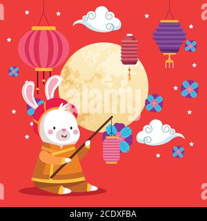 rabbit cartoon in traditional cloth with lantern and moon design, Happy mid autumn harvest festival oriental chinese and celebration theme Vector illustration Stock Vector