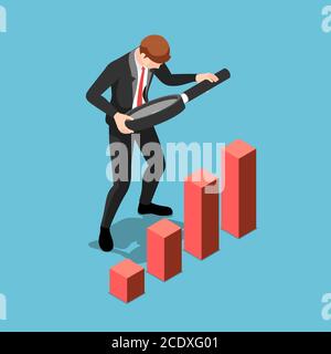 Flat 3d isometric businessman using magnifying glass to analyze graph finance. Data analysis and marketing concept. Stock Vector