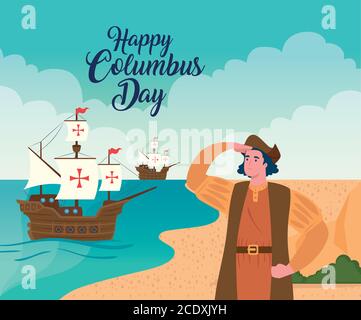 Christopher Columbus cartoon and ships at sea vector design Stock Vector
