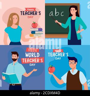 men and women teachers with green board of happy teachers day vector design Stock Vector