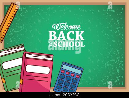 green board with notebooks calculator and ruler design, Back to school ...