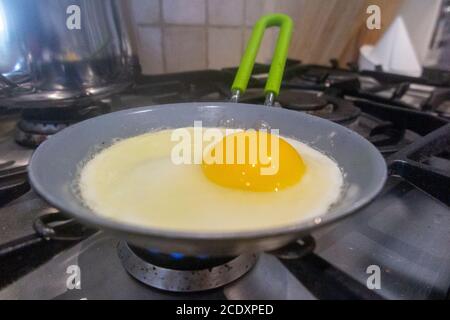 A single egg fries in a small frying pan Stock Photo