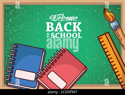 green board with notebooks ruler and paint brush design, Back to school ...