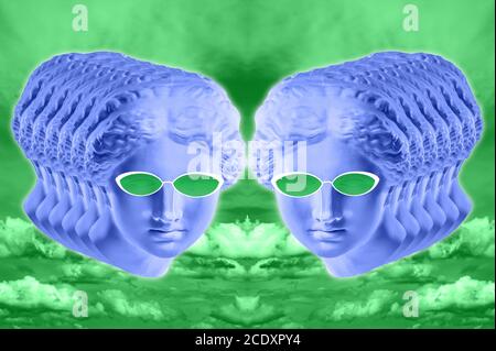 Collage with plaster antique sculpture of human face in a pop art style. Creative concept colorful neon image with ancient statu Stock Photo