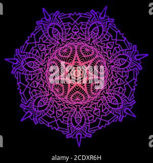 Bright decorative mandala, neon pink purple gradient color outline, isolated on black background. Psychedelic tribal ornamental mandala. Vector illust Stock Vector