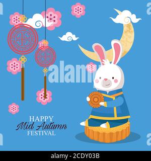 rabbit cartoon in traditional cloth on mooncake design, Happy mid autumn harvest festival oriental chinese and celebration theme Vector illustration Stock Vector