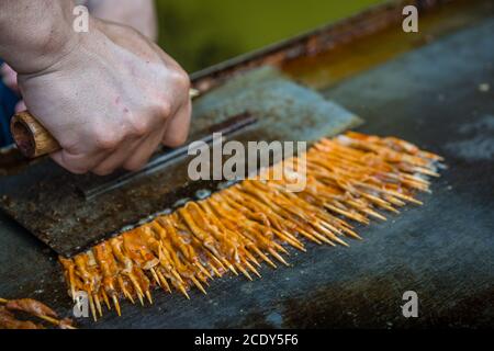 Fast food on sticks cooked on a chinese street market Stock Photo