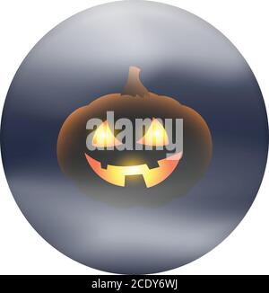 Scary glowing pumpkin jack on a dark foggy background isolated. Happy Halloween. Stock Vector