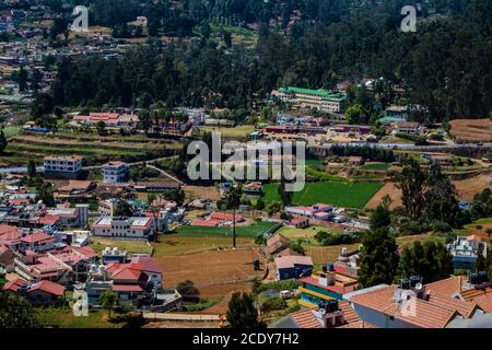 Ooty city aerial view, Ooty (Udhagamandalam) is a resort town in the Western Ghats mountains, in India's Tamil Nadu state. Stock Photo