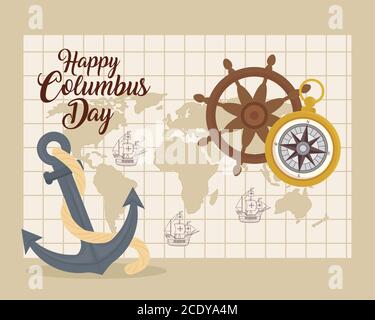 Columbus ships on world map with anchor rudder and compass vector design Stock Vector
