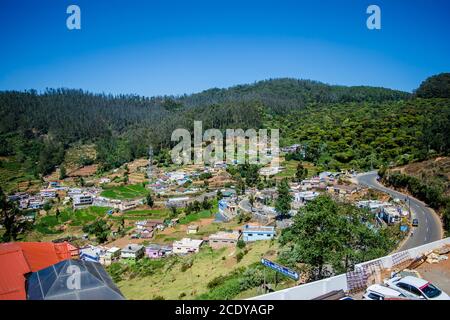 Ooty city aerial view, Ooty (Udhagamandalam) is a resort town in the Western Ghats mountains, in India's Tamil Nadu state. Stock Photo