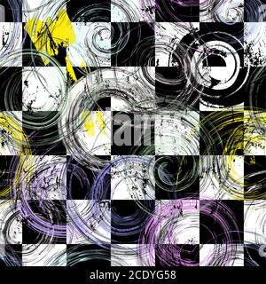 seamless geometric pattern background, retro/vintage style, with circles, squares, strokes and splashes, black and white Stock Vector