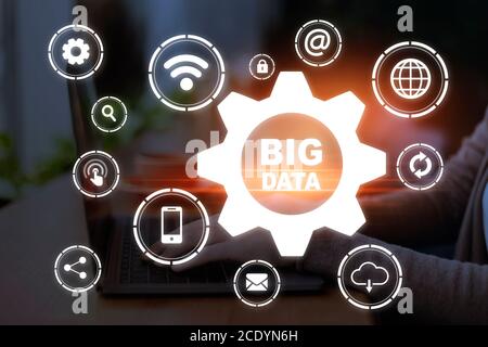 Creative Collage Of Big Data Text In Cogwheel And Different Multimedia Icons Stock Photo