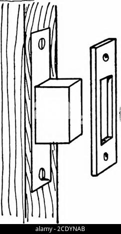 . Modern farm buildings : being suggestions for the most approved ways of designing the cow barn, dairy, horse barn, hay barn, sheepcote, piggery, manure pit, chicken house, root cellar, ice house, and other buildings of the farm group, on practical, sanitary and artistic lines . CD 0. FIG. 34—FLUSH RING AND LOCK best opened with the old-fashioned thumb latch. This is avery satisfactory fixture. All sliding doors are best arrangedto fasten by a hook on the inside, and, if necessary to lockthe door so that it can be opened from the outside, the onlyfastening is the padlock and hasp. The sliding Stock Photo
