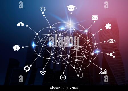 AI Concept. Polygonal Brain With Digital Communication Icons Omnichannel Over Cityscape Background Stock Photo