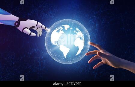 Artificial Intelligence. Futuristic robot arm and human hand touching digital world Stock Photo