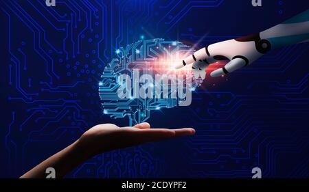 Human And Robotic Hand Touching Circuit Board Brain Over Abstract Futuristic Background Stock Photo