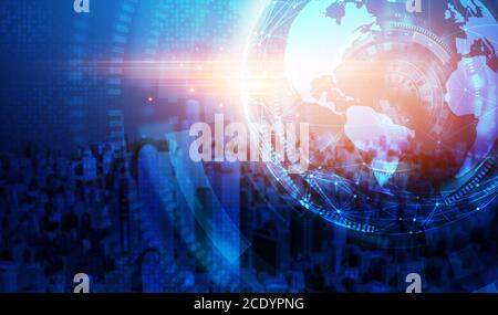Global Technologies. Double Exposure Of Abstract Globe With Polygonal Connections Over Cityscape Stock Photo