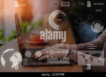 Analytic Info Data On Transparent Screen Layered Over Woman Using Laptop, Collage Stock Photo