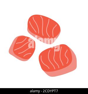 Salmon fillet cut in cube pieces, hand drawn art, uncooked sashimi redfish, illustration isolated, fresh raw fish, vector art on white background Stock Vector