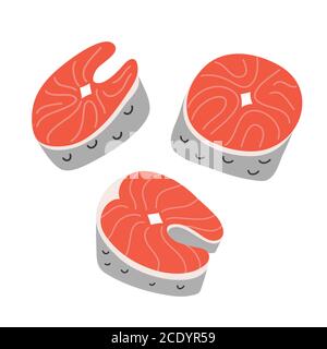 Salmon steak set, hand drawn doodle art, fresh redfish, isolated hand drawn illustration, fresh raw fish, vector art Stock Vector