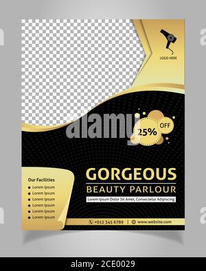 Beauty Parlour Golden Black flyer or Template A4 size ready to print with One Photo Space and details. Stock Vector