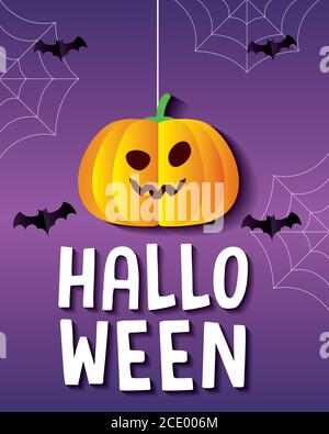 Halloween pumpkin cartoon hanging with bats vector design Stock Vector