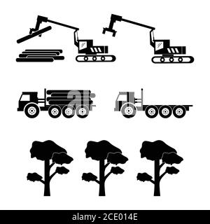 Logging Machine Logger Loader. Icon depicting heay machinary equipment and trucks used for logging and deforestation. Black and white EPS Vector Stock Vector