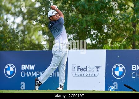 OLYMPIA FIELDS, IL - AUGUST 29: Hideki Matsuyama of Japan hits his tee shot at the 16th hole during the third round of the BMW Championship at Olympia Fields Country Club (North)