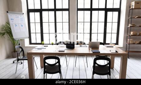 Modern empty office with huge panoramic windows interior. Stock Photo