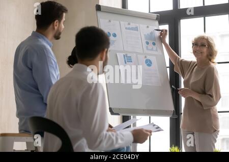 Happy middle aged female leader mentoring young multiracial sales team. Stock Photo