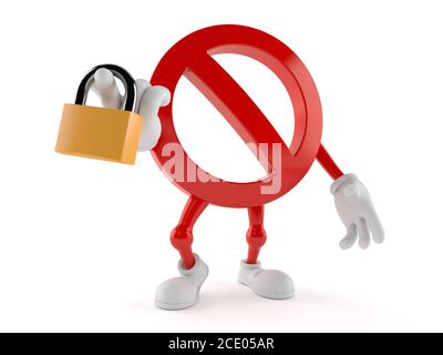 Forbidden character holding padlock isolated on white background Stock Photo