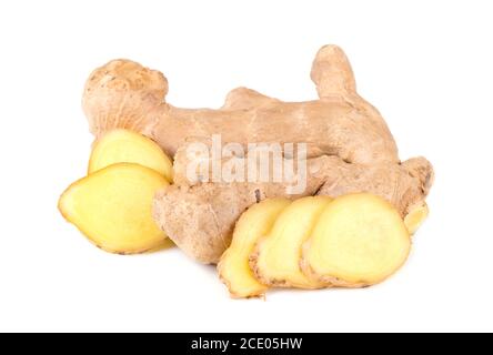 Slice of fresh ginger isolated on white background. Close up Stock Photo