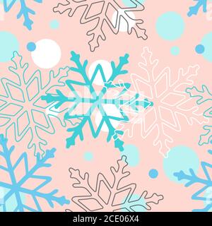 White and blue snowflakes on a pink background. Vector seamless pattern for festive design, Christmas wallpaper, banner, packaging, wrapper Stock Vector