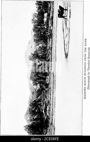. Roosevelt in the Bad Lands . , and proceeded on hisjourney. Fisher saw him shortly after and accused him ofbeing reckless. I suppose it might be considered reckless,Roosevelt admitted. But it was lots of fun. Roosevelt spent his time alternately at the tworanches, writing somewhat and correcting the proofsof his new book, but spending most of his time inthe saddle. The headquarters of his cattle businesswas at the Maltese Cross where Sylvane Ferris andMerrifield were in command. Elkhorn was, forthe time being, merely a refuge and a hunting-lodge where Sewall and Dow ran a few hundredcattle u Stock Photo