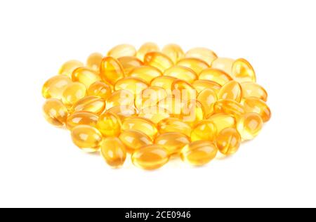 Fish oil pills. Cod liver oil omega 3 gel capsules isolated on white background. Stock Photo