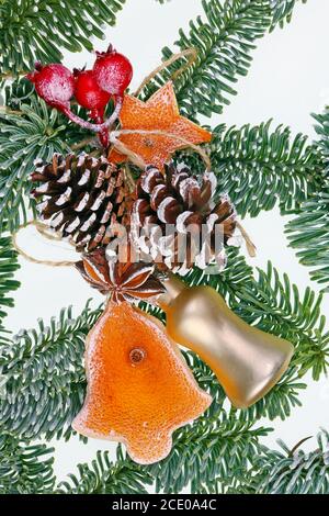 Christmas homemade decoration toys  on fir tree branches  made  of dry red orange peels, cones, berries Stock Photo