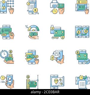 Mobile banking service RGB color icons set Stock Vector