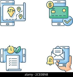 Mobile bank service app RGB color icons set Stock Vector