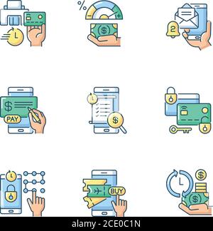 Mobile banking service RGB color icons set Stock Vector