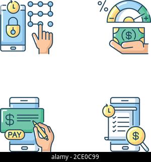 E banking service RGB color icons set Stock Vector