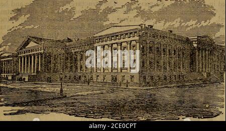 . Washington, what to see, and how to see it. A sightseer's guide .. . PATENT OFFICE GENERAL POST-OFFICE. 57 is 250XI80, has a freestone basement and stuccoed superstructure, and onthe S. front, Ionic Porticoes. It was formerly the City Hall but is now occu-pied by the Courts of the U. S. and the District of Columbia. At 5th St.,W. the cars turn N. and at F St., turn W. The immense brick structure. INTERIOR DEPARTIVIENT, (PATENT OFFICE.) on the N. portion of Judiciary Square, is the U. S. Pension Building, 400x200 and 75 high. It is fire-proof throughout. The frieze over the first storyconsist Stock Photo