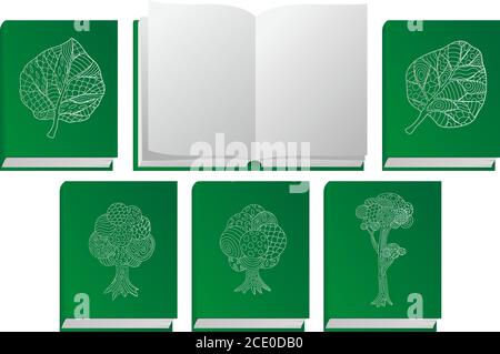 Beautiful icon set with green books with nature symbols on white background Stock Vector