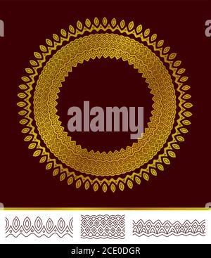 Beautiful abstract round golden pattern on brown background and three different brushes Stock Vector