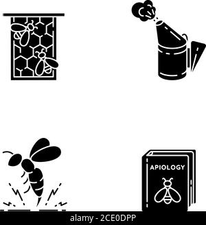 Bee farming black glyph icons set on white space Stock Vector