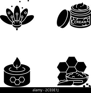 Homemade bee products black glyph icons set on white space Stock Vector