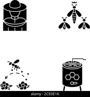 Beekeeping business black glyph icons set on white space Stock Vector